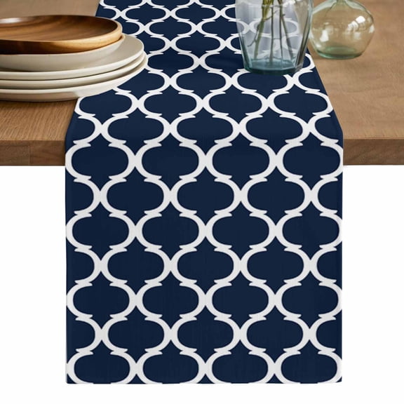 Navy Blue Morocco Pattern Table Runner, White Moroccan Geometric Art Washable Cotton Linen Table Runners 108 Inches Long, Dresser Scarf Runner for Dining/Living Room/Kitchen/Square Tables 13''x108''