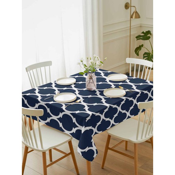 Navy Blue Morocco Pattern Tablecloth Rectangle Table Cloth 52x70, Waterproof Tablecloth Outdoor Table Cloth, White Moroccan Geometric Art Washable Table Cover for Kitchen Dinning Party