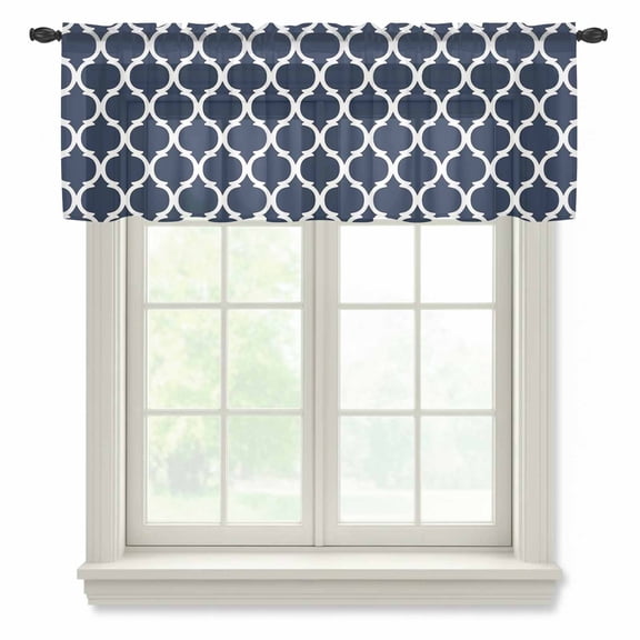 Navy Blue Morocco Pattern Valance Curtains for Kitchen/Living Room/Bathroom/Bedroom Window, Rod Pocket Small Topper Half Short Window Curtains Voile Sheer Scarf, White Moroccan Geometric Art 42"x12"