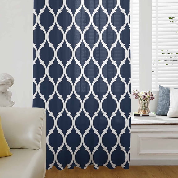 Navy Blue Morocco Pattern Window Curtains 63 Inches Long,White Moroccan Geometric Art Semi Sheer Rod Pocket Chiffon Curtains & Drapes Drapery Voile Draperies Window Treatment for Living Room/Bedroom