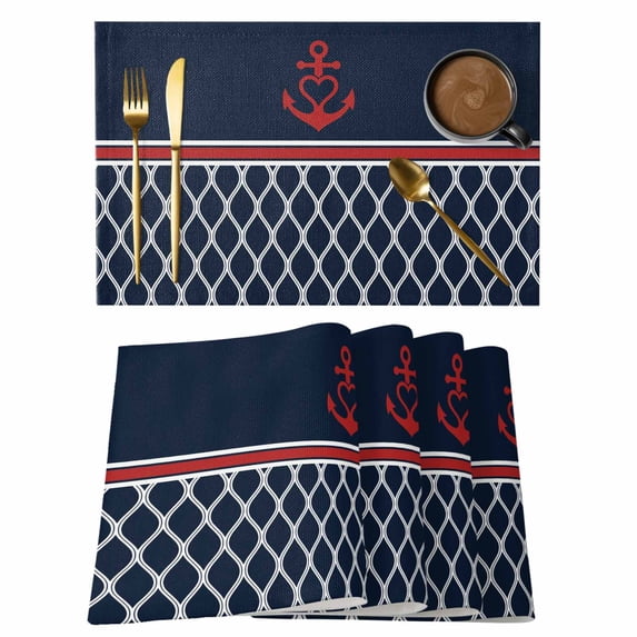 Navy Blue Morocco Placemats Set of 6, Red Ocean Nautical Anchor Stripe Placemats for Dining Table, Place Mats for Kitchen Tabletop, Waterproof Wipeable Dining Table Mats Set