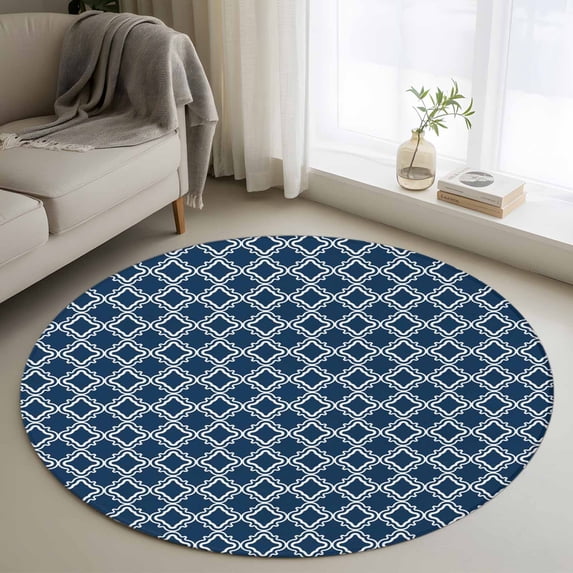 Navy Blue Morocco Round Area Rug 3Ft Washable Small Circle Rugs for Kitchen Entryway, Modern Abstract Classic Geometric Non-Slip Carpet Floor Mats Indoor Outdoor Carpet Runner Aesthetic Home Decor