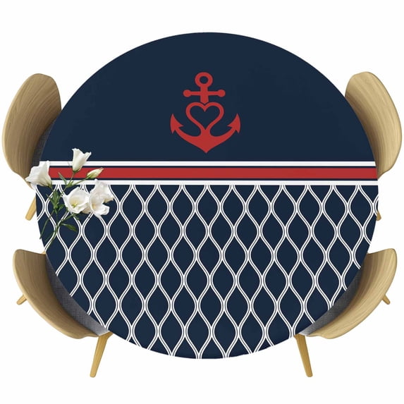 Navy Blue Morocco Round Tablecloth, Fitted Table Cover with Elastic for 36"-44" Round Tables, Red Ocean Nautical Anchor Stripe Table Cloth Outdoor Indoor Dinning Party Waterproof Tablecloths