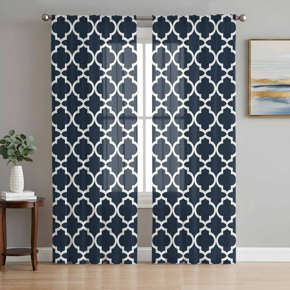 Navy Blue Morocco Semi Sheer Curtains 108 Inch Length 2 Panels Set, Modern Farmhouse Minimalist Plaid Sheer Kitchen Curtain Privacy Voile Window Curtain for Living Room Bedroom Rod Pocket Drapes