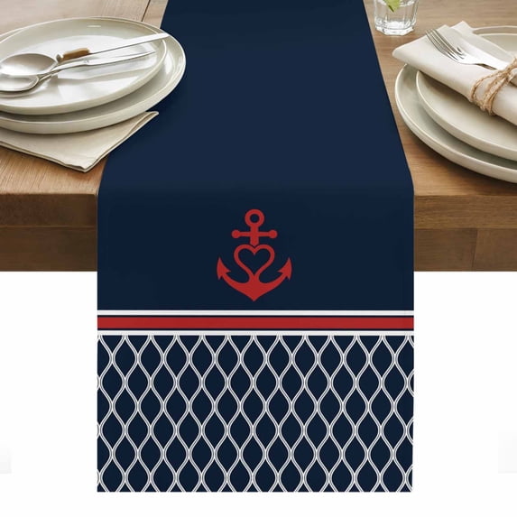 Navy Blue Morocco Table Runner - 70 Inch Long, Kitchen Dining Table Runner Dresser Scarves, Red Ocean Nautical Anchor Stripe Farmhouse Decor for Coffee Tables Wedding Party Banquet