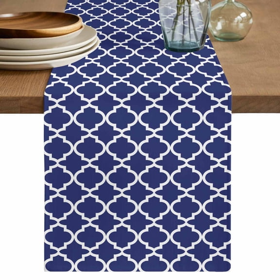 Navy Blue Morocco Table Runner, Modern Farmhouse Geometric Textured Washable Cotton Linen Table Runners 36 Inches Long, Dresser Scarf Runner for Nightstand/End Tables/Round Tables 13''x36''