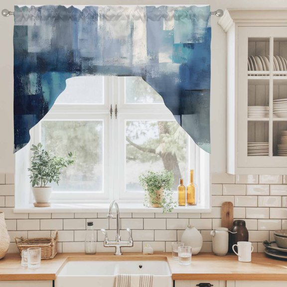 Navy Blue Mottled Swag Valance for Windows, Abstract Dark Blue Mottled Texture Swag Curtains Valances for Small Window Treatment Rod Pocket for Kitchen Bathroom 1 Panel 56x36in