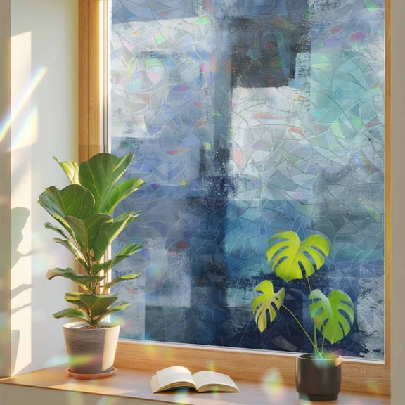 Navy Blue Mottled Window Privacy Film, Abstract Dark Blue Mottled Texture Stained Glass Rainbow Film Decorative Window Clings, Static Cling Sun Blocking Stickers 23.6" x 59"