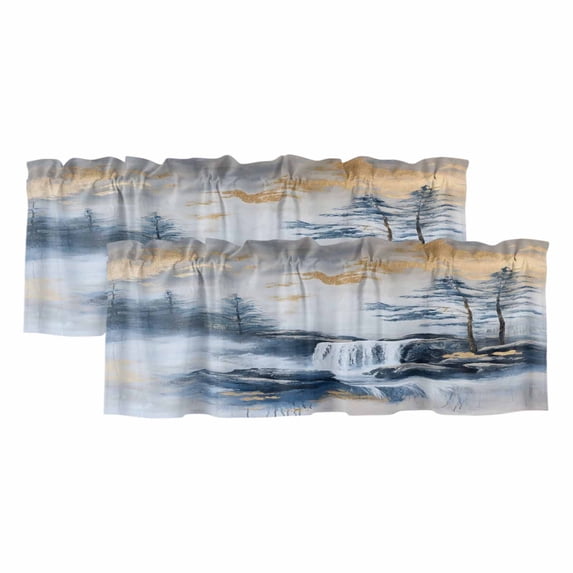 Navy Blue Mountain Curtain Valances for Windows, Kitchen Valance Window Treatments Panel 2 Pack, Modern Abstract Art Tree Rod Pocket Short Curtains for Bathroom Bedroom 42 x 18 Inch