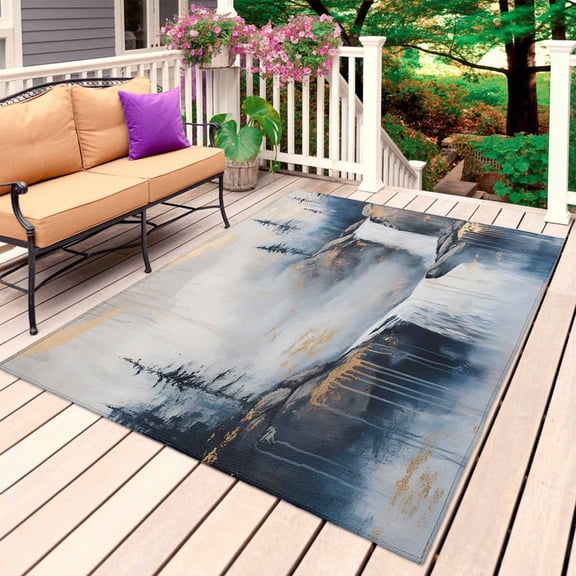 Navy Blue Mountain Outdoor Rug for Patio/Deck/Porch, Non-Slip Large Area Rug 4 x 6 Ft, Vintage Abstract Art Indoor Outdoor Rugs Washable Area Rugs, Reversible Camping Rug Carpet Runner