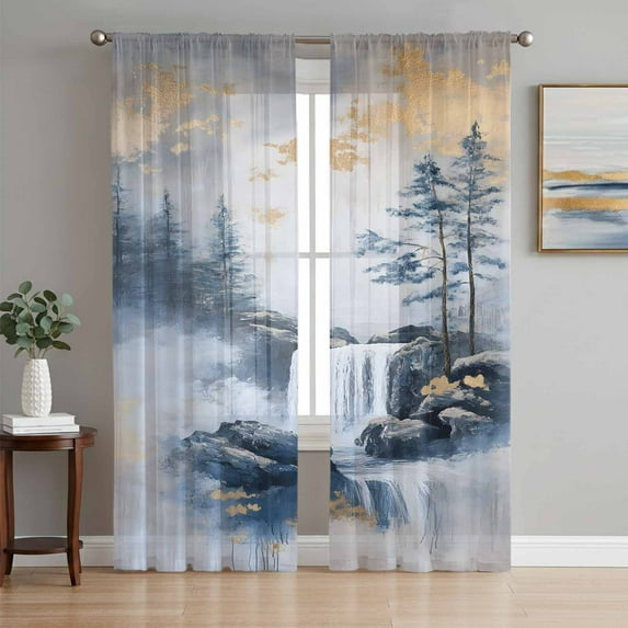Navy Blue Mountain Semi Sheer Window Curtains 72 Inches Long, Modern Abstract Art Tree Rod Pocket Voile Silky Chiffon Curtain Light Filtering Drapes for Living Room, Kitchen, 52"x72", 2 Panels