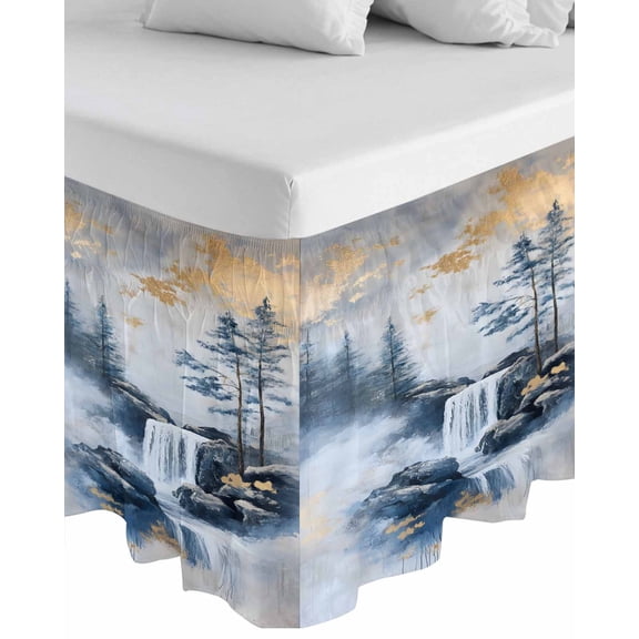 Navy Blue Mountain Wrap Around Bed Skirts for King Bed 16" Drop, Bed Skirt with Adjustable Elastic Belt Dust Ruffle Bed Valance for Bedroom Hotel Luxury Modern Abstract Art Tree Bed Frame Cover