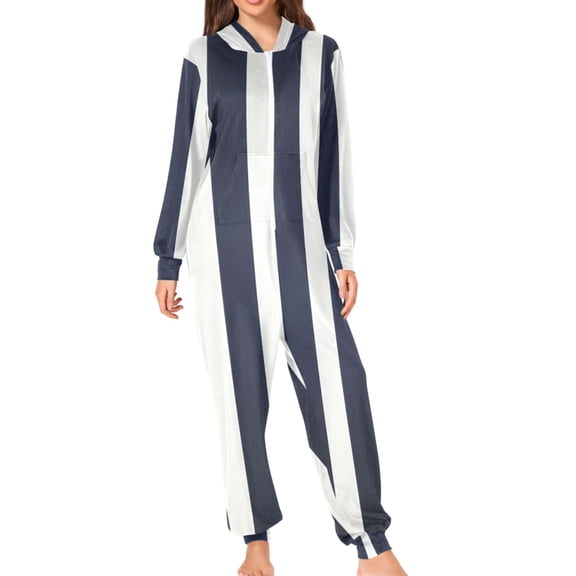 Navy Blue Narrow Vertical Stripes Adult's Hoodie Onesie Jumpsuit One-Piece Pajamas with Zipper Unisex for Holiday XL