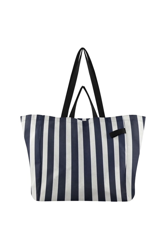 Navy Blue Narrow Vertical Stripes Foldable Canvas Tote Bags Reusable Grocery Bags Laundry Bags Beach Bag 32L