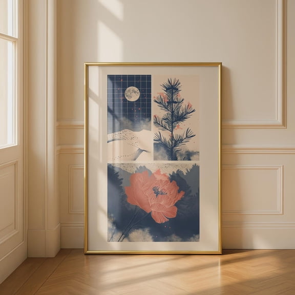 Navy Blue Nature Triptych Print Moon Mountain Pine Tree Peony Botanical Celestial Wall Art Moody Risograph Style Decor