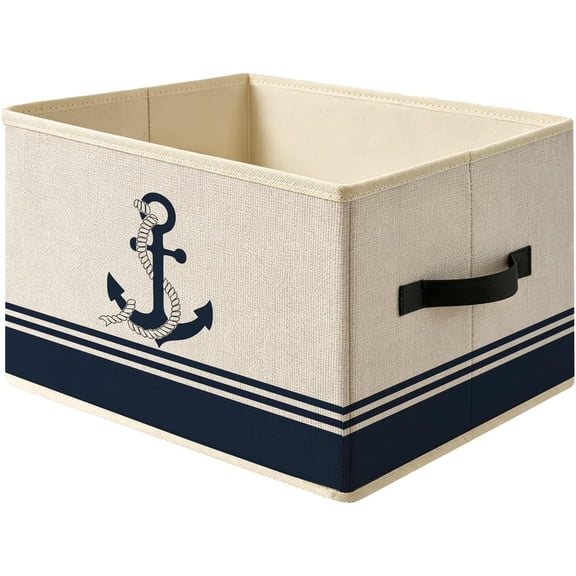 Navy Blue Nautical Anchor Storage Basket Bin | Blue Coastal Ocean Beach Collapsible Fabric Organizer Box for Bedroom Bathroom Closet Clothes