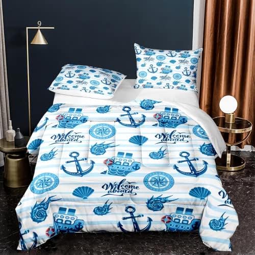 Navy Blue Nautical Anchors Comforter Sets Underwater World Retro Theme Art Decorative Quilt Comforter with Pillowcase Twin Size for Girl Decor Home (Color 3,)