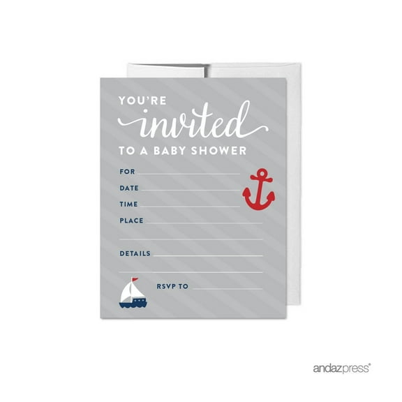 Navy Blue Nautical Baby Shower Party Blank Invitations, 20ct