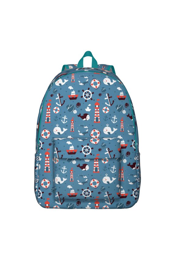 Navy Blue Nautical Backpack with Ship, Sail, Anchor & Lighthouse Print, Waterproof Durable College Bookbag with Spacious Compartments for Seaside or Travel Use