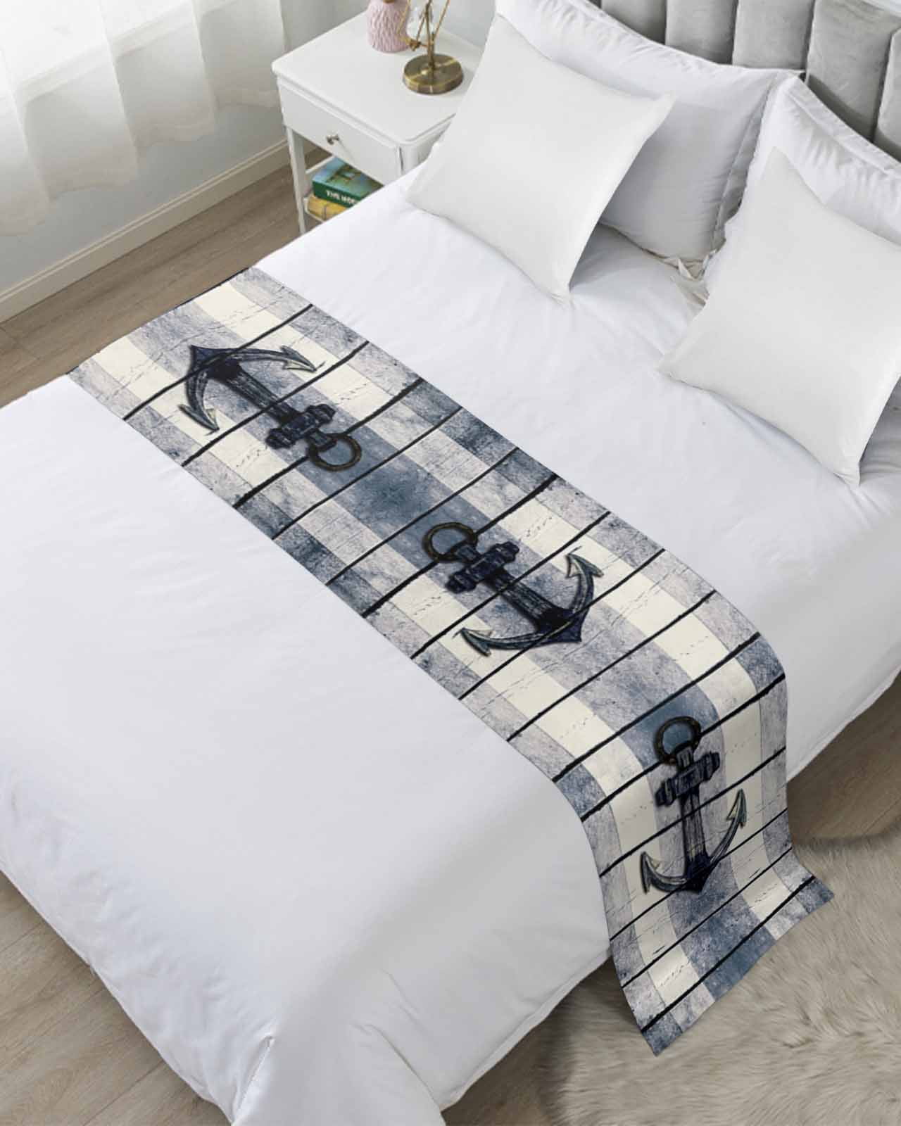 Navy Blue Nautical Bed Runner for King Size Bed, Coastal Blue Striped ...