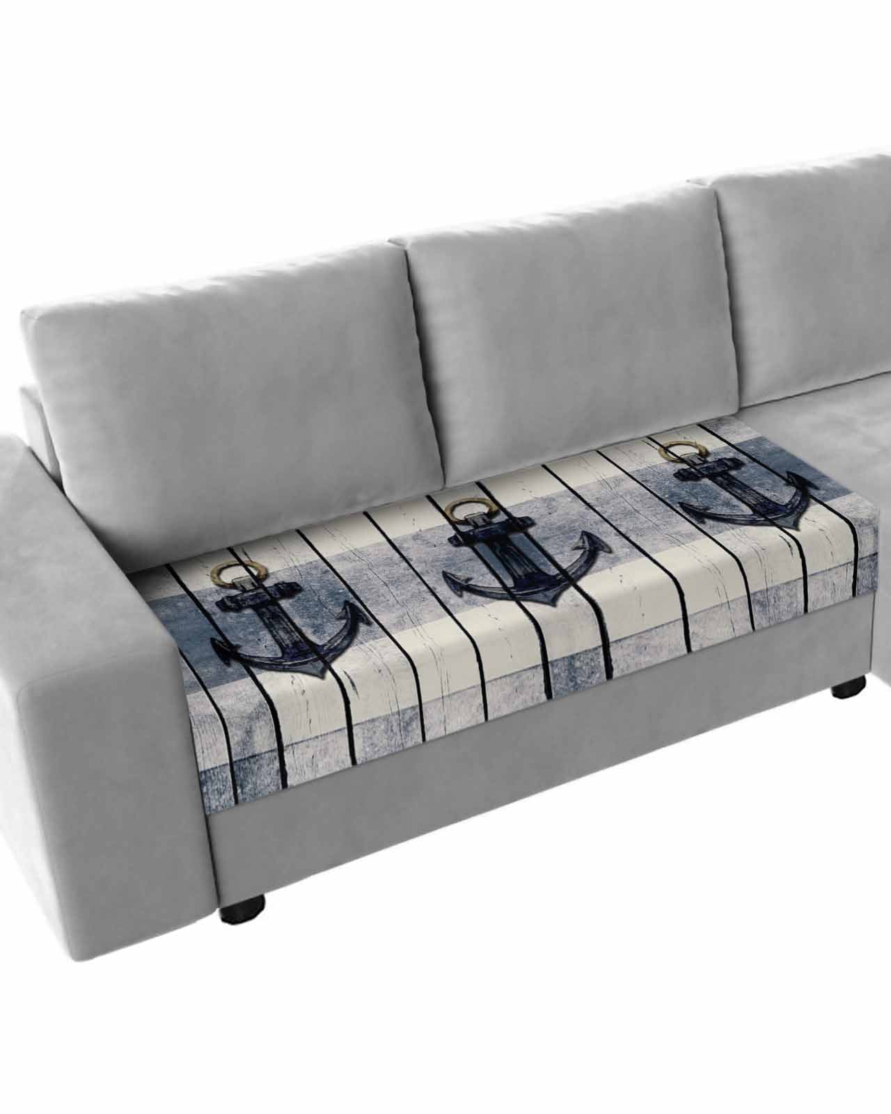 Navy Blue Nautical Couch Cushion Covers, Stretch Seat Cushion Covers for Sectional Sofa, Coastal Blue Striped Vintage Loveseat Sofa&nbsp;Slipcovers Furniture Protector with Elastic&Straps Medium 1Pcs