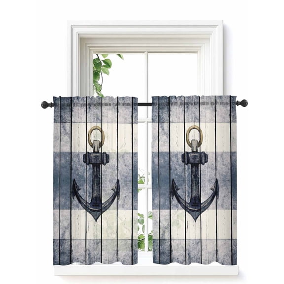 Navy Blue Nautical Curtains 54 Inch Length, Sheer Curtains for Bedroom Living Room Window Coastal Blue Striped Vintage Rod Pocket Voile Drapes Kitchen Curtains Small Half Window 52"x54" 2 Panels