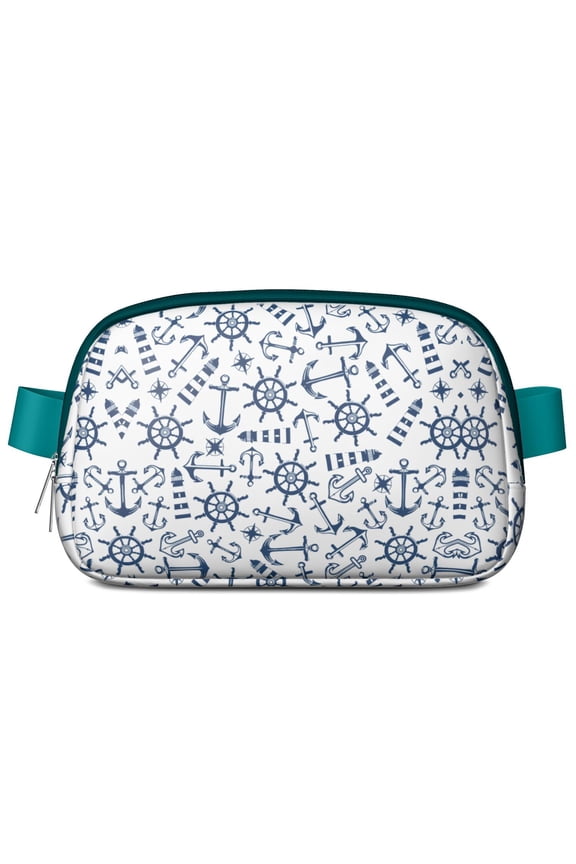 Navy Blue Nautical Fanny Pack – Ship & Sailor Inspired Waist Bag with Helm, Mast, Anchor & Beach Map Print for Ocean Voyagers