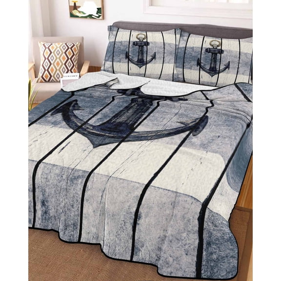Navy Blue Nautical King Size Down Alternative Comforter, Lightweight Comforter Quilt Bedding Set with Pillow Shams Coastal Blue Striped Vintage All Seasons Bed Comforter Duvet Insert 96"x106"