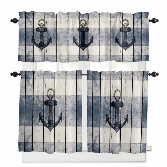 Navy Blue Nautical Kitchen Curtains and Valances Set, 3 Piece Kitchen Curtains Set 24 Inch Length, Coastal Blue Striped Vintage Rod Pocket Curtains Tier Farmhouse Window Curtains