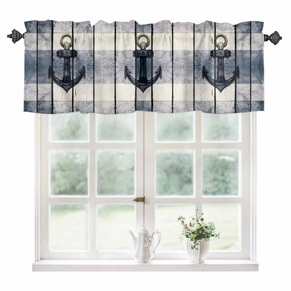 Navy Blue Nautical Kitchen Valances for Windows 42x18 Inch Kitchen Curtains Valances Rod Pocket Coastal Blue Striped Vintage Bathroom Window Valances for Window Treatment Decor