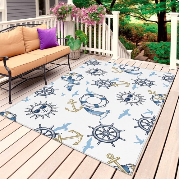 Navy Blue Nautical Outdoor Rug for Patio/Deck/Porch, Non-Slip Large Area Rug 4 x 6 Ft, Rudder Anchor Summer Animals Indoor Outdoor Rugs Washable Area Rugs, Reversible Camping Rug Carpet Runner