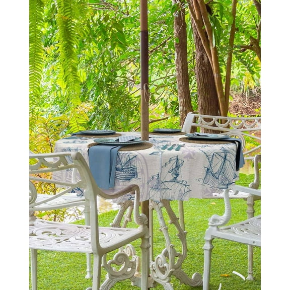 Navy Blue Nautical Outdoor Tablecloth - 60 Inch Round Dining Table Cover, Beach Coastal Starfish Sailing Rustic Waterproof Outdoor Table Cloth with Umbrella Hole & Zipper for Picnic/Patio