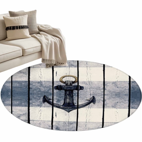 Navy Blue Nautical Round Area Rug 4 FT, Non Slip Indoor Outdoor Rug, Coastal Blue Striped Vintage Washable Soft Circular Carpet Non-Shedding Floor Mat for Coffee Table Nursery Foyer Balcony