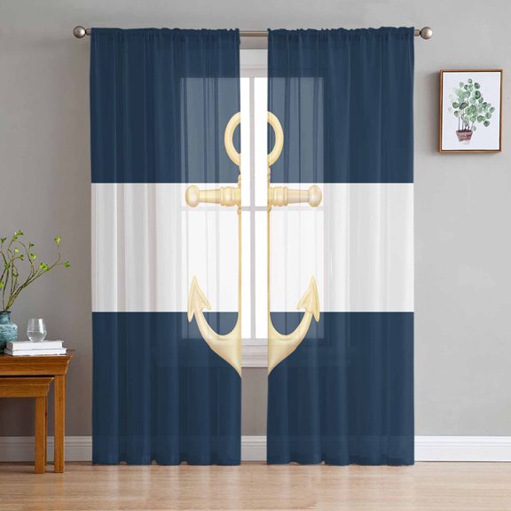 Navy Blue Nautical Semi Sheer Curtains 72 Inch Length 2 Panels Set, Gold Boat Anchor Geometric Stripe Sheer Kitchen Curtain Privacy Voile Window Curtain for Living Room Bedroom Rod Pocket Drapes