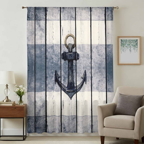 Navy Blue Nautical Sheer Curtains 54 Inches Long, Coastal Blue Striped Vintage Light Filering Curtains, Breathable Simi Curtain Privacy Drapes for Kitchen Bathroom Nursery Small Window Treatment