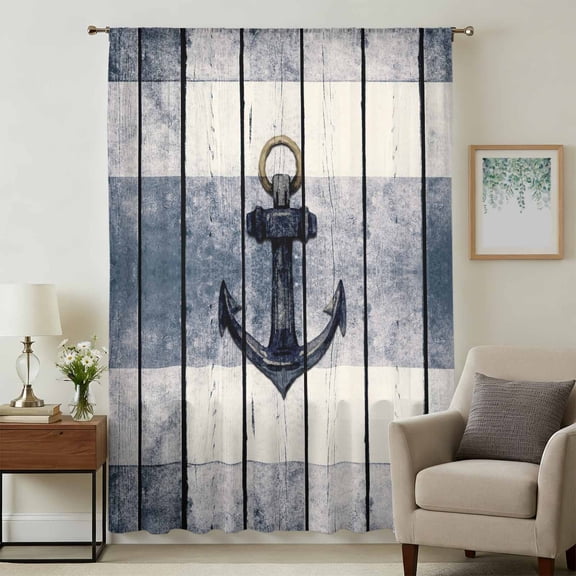 Navy Blue Nautical Sheer Curtains 63 Inches Long, Coastal Blue Striped Vintage Light Filering Curtains, Breathable Simi Curtain Privacy Drapes for Living Room Bedroom Lightweight Window Treatment