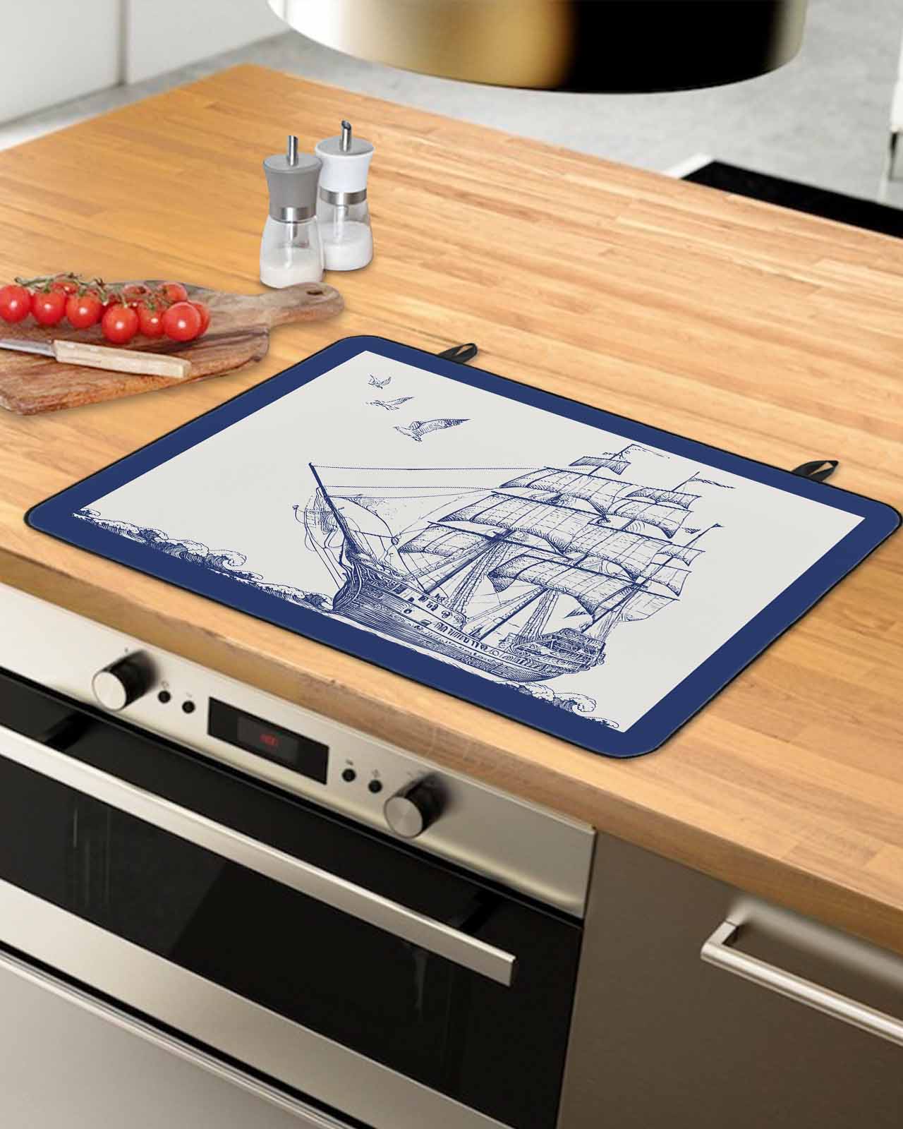 Navy Blue Nautical Stove Top Covers for Electric Stove,Heat Insulation