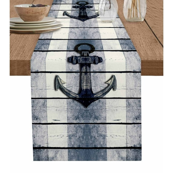 Navy Blue Nautical Table Runner Coastal Blue Striped Vintage Tablerunners 13 x 70 Inch, Table Decorations Tabletop Scarf for Summer Gathering Holiday Farmhouse Kitchen Dining Decor