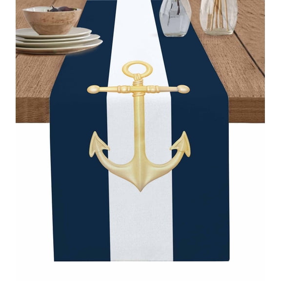 Navy Blue Nautical Table Runner Gold Boat Anchor Geometric Stripe Tablerunners 13 x 36 Inch, Table Decorations Tabletop Scarf for Summer Gathering Holiday Farmhouse Kitchen Dining Decor