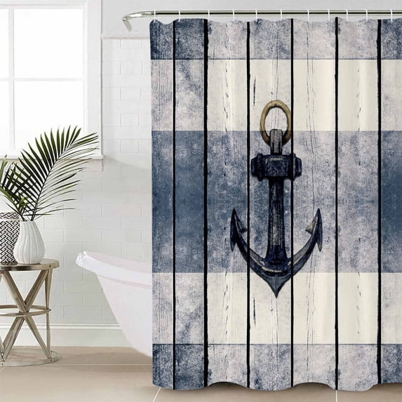 Navy Blue Nautical Waterproof Fabric Shower Curtain, Coastal Blue Striped Vintage Shower Curtain for Bathroom Curtains Bathtubs Hotel Washable Shower Curtains with 12 Hooks Extra Long 72x96