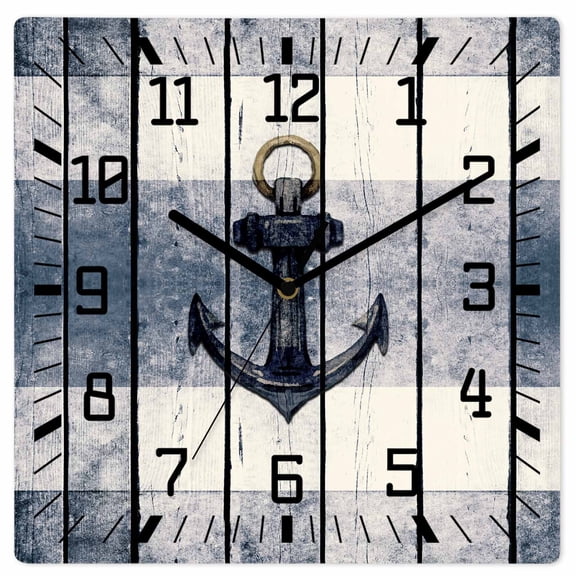 Navy Blue Nautical Wooden Wall Clock Silent Non Ticking, Coastal Blue Striped Vintage Square Wall Clocks Battery Operated, Decor Clock for Home Office, Living Room, Kitchen, 12 Inch