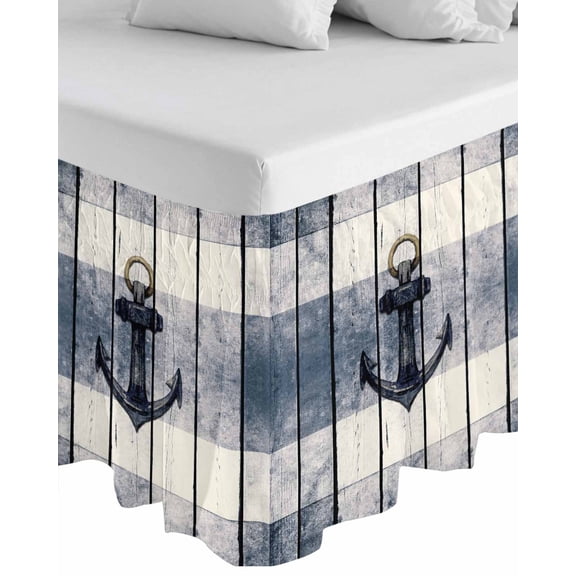 Navy Blue Nautical Wrap Around Bed Skirts for Queen Bed 18" Drop, Bed Skirt with Adjustable Elastic Belt Dust Ruffle Bed Valance for Bedroom Hotel Luxury Coastal Blue Striped Vintage Bed Frame Cover