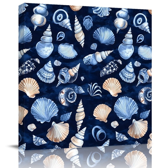 Navy Blue Ocean Conch Nautilus Shell Canvas Artwork Painting Art, Summer Marine Life Square Framed Wall Decorations Prints Picture for Bedroom Kitchen Living Room, 8x8 in