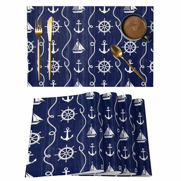 Navy Blue Ocean Cotton Linen Placemats Set of 1, Rustic Nautical Coastal Sea Beach Sailboat Anchor Rope Washable Table Place Mats Heat Insulating Placemat for Dining Room Kitchen 13 x 19 Inch