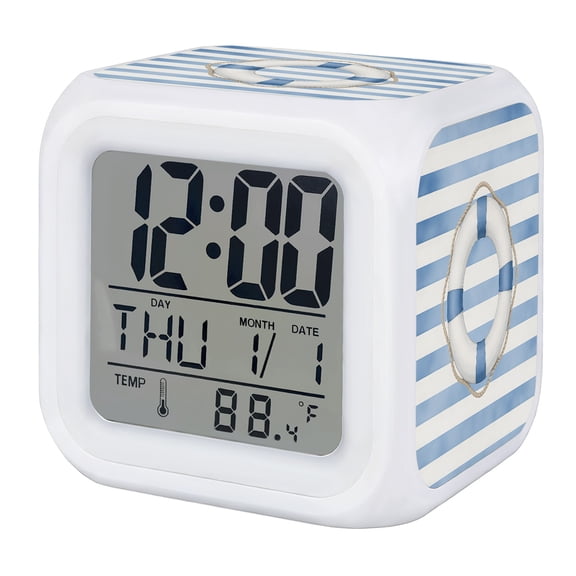 Navy Blue Ocean Digital Alarm Clock for Bedrooms, Smart LED Alarm Clock with 7 Color Changing Night Light, Coastal Nautical Summer Striped Silent Wake Up Clocks for Sleep Study Cooking 3.2"x3.2"
