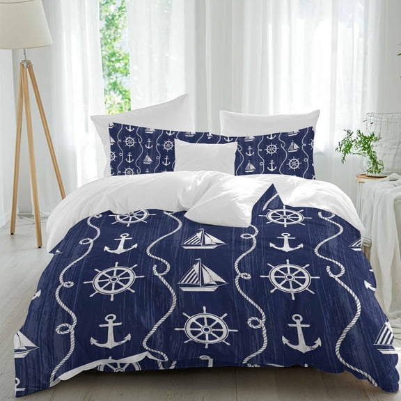 Navy Blue Ocean Duvet Cover Set Cal King Size, Rustic Nautical Coastal Sea Beach Sailboat Anchor Rope 4 Pcs Bedding Set with Zipper Closure & Corner Ties Soft Breathable Comforter Cover for Bedroom