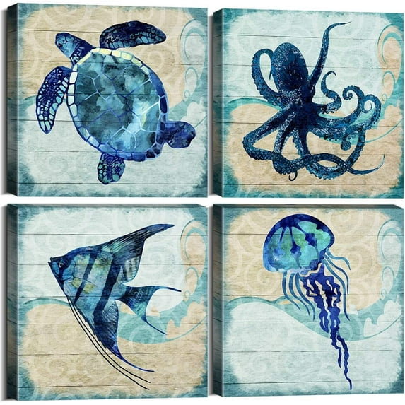 Navy Blue Ocean Fish Canvas Wall Art Watercolor Sea Turtle Jellyfish Octopus Beach Decorations for Home Boho Poster Beach Sealife Pictures Kids Bathroom Bedroom Nursery Room Decor Artwork 14x14" 4 Pcs
