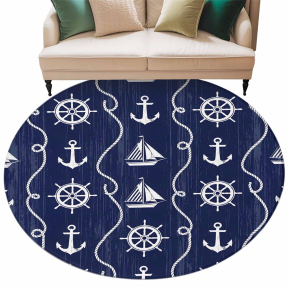 Navy Blue Ocean Round Living Room Rugs 7 ft, Rustic Nautical Coastal Sea Beach Sailboat Anchor Rope Washable Area Rug with Non-Slip Sturdy Edge Binding Round Carpet for Kitchen Office Bedroom