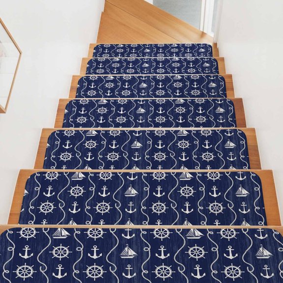 Navy Blue Ocean Stair Treads Non Slip for Steps Rustic Nautical Coastal Sea Beach Sailboat Anchor Rope 15 Pcs Reusable Adhesive Stair Runner Mats for Pet Carpet Treads Rugs for Staircase 8x30 In