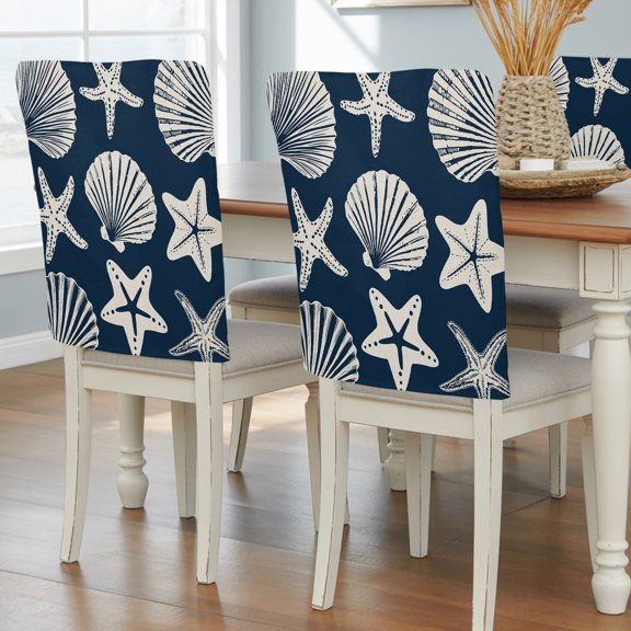 Navy Blue Ocean Starfish Chair Covers Set of 4 Summer Coastal Abstract Shell Chair Back Covers Stretch Removable Washable Slipcovers Protector for Dining Room Kitchen Party Decor